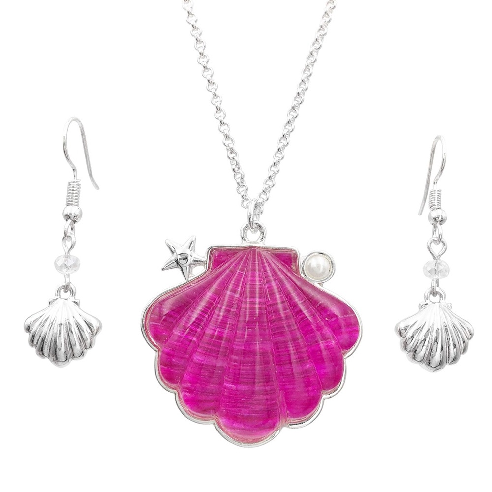 Pink Clam Seashell Silver Necklace Earrings Set